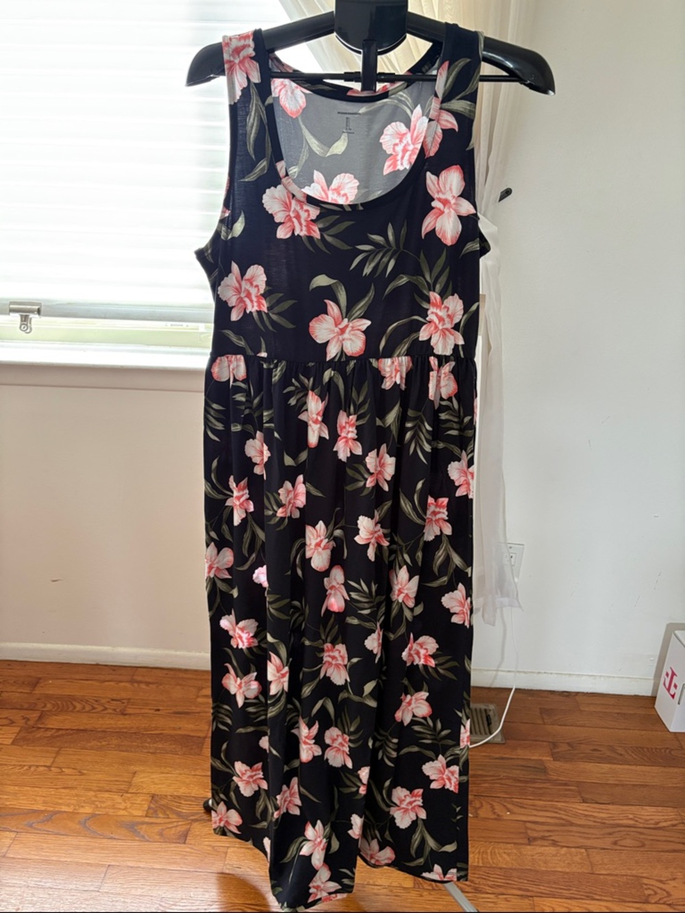 Black Floral Sleeveless Maxi Dress with Pink Flowers